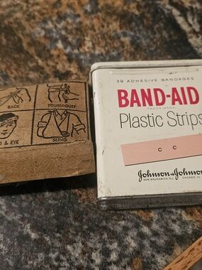 Vintage Metal Band Aid Plastic Strips Tin and 1st aid supplies